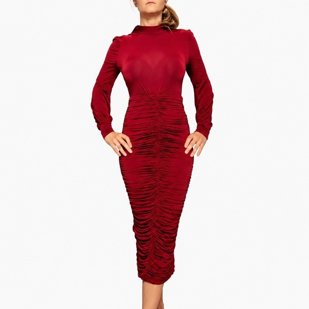 Anne Fernandes Wine Red Ruched Midi Dress Small Open Back Long Sleeve NEW Luxury